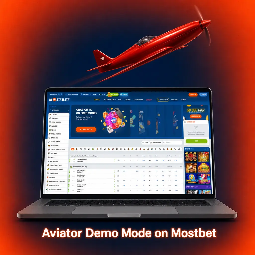 Aviator demo mode on Mostbet casino lobby showing crash multiplier and cash-out practice with virtual credits
