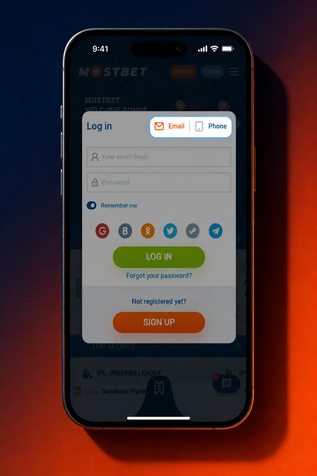 Mostbet app login screen showing phone, email, Player ID, and social sign-in options with fingerprint support