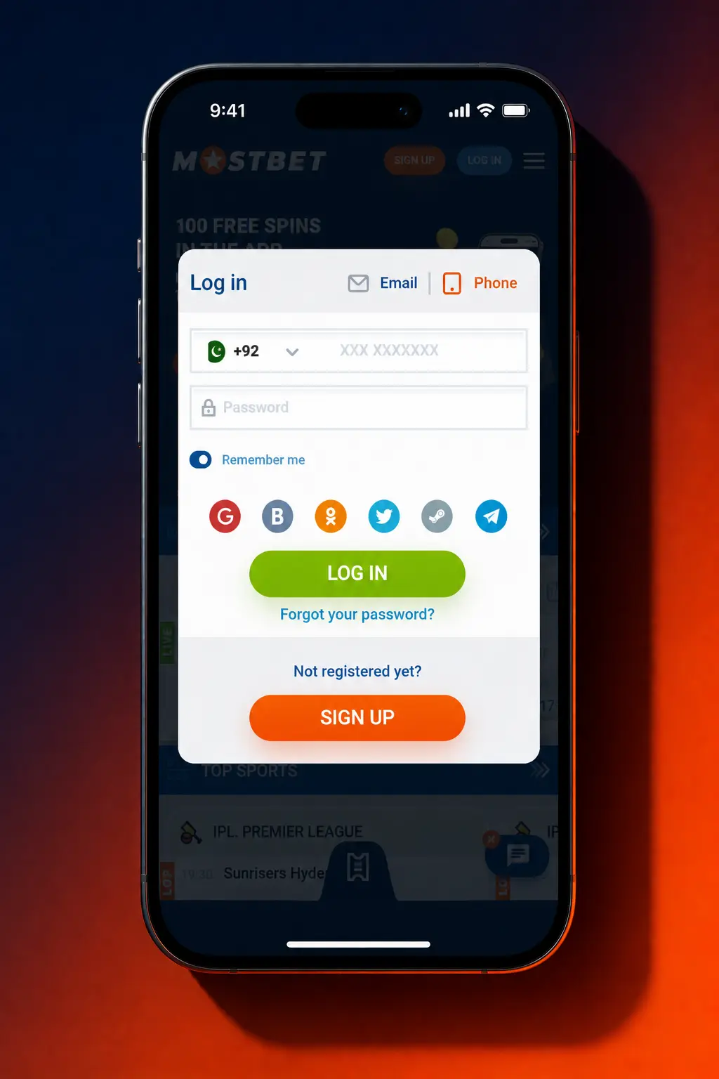 Mostbet app login screen showing sign-in options with phone, email, Player ID, and fingerprint access