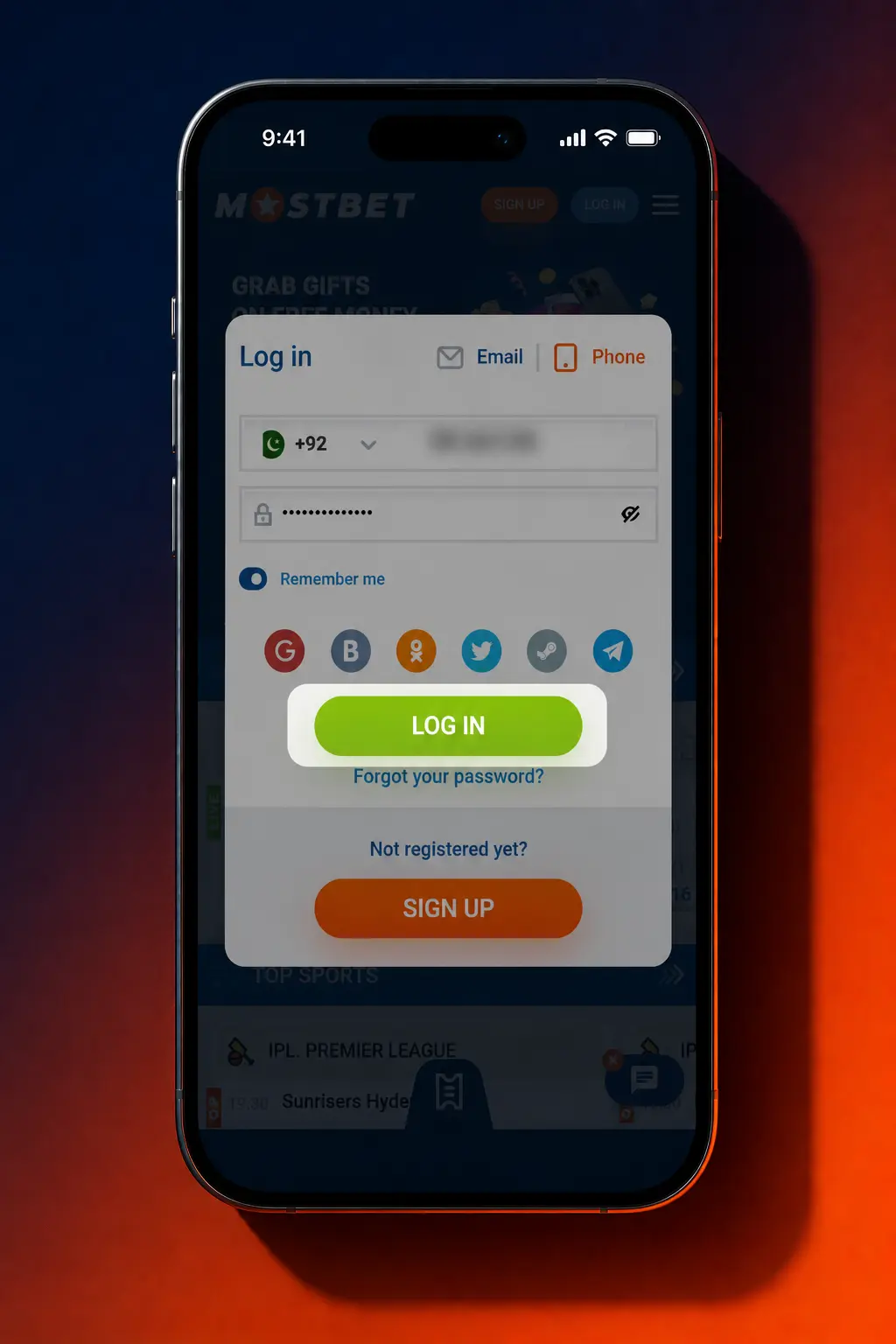Mostbet app login screen showing phone, email, Player ID, and social sign-in options with fingerprint support