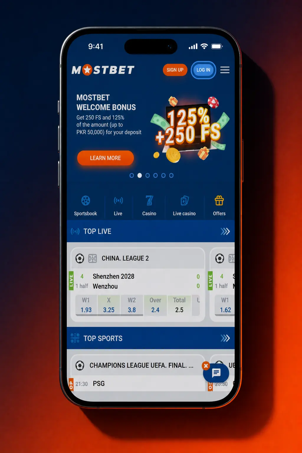 Mostbet app login screen showing phone, email, Player ID, and social sign-in options with fingerprint access