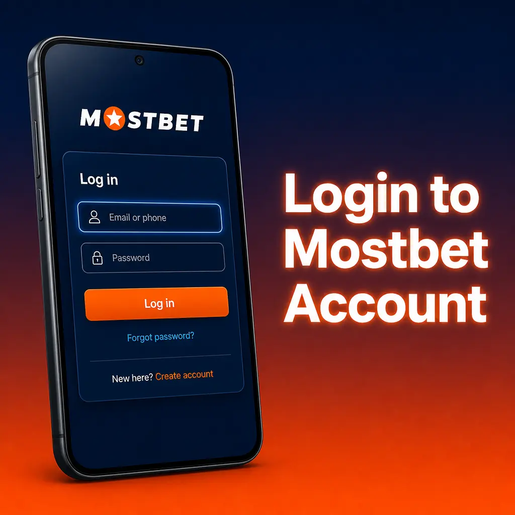 Mostbet login screen showing phone or email and password fields to access account, place bets, and track bonuses
