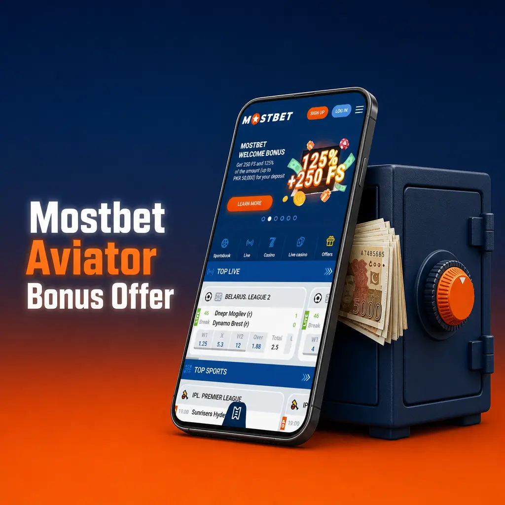 Mostbet Aviator welcome bonus: 125% deposit match up to PKR 25,000 plus 250 free spins for slots and Aviator play.