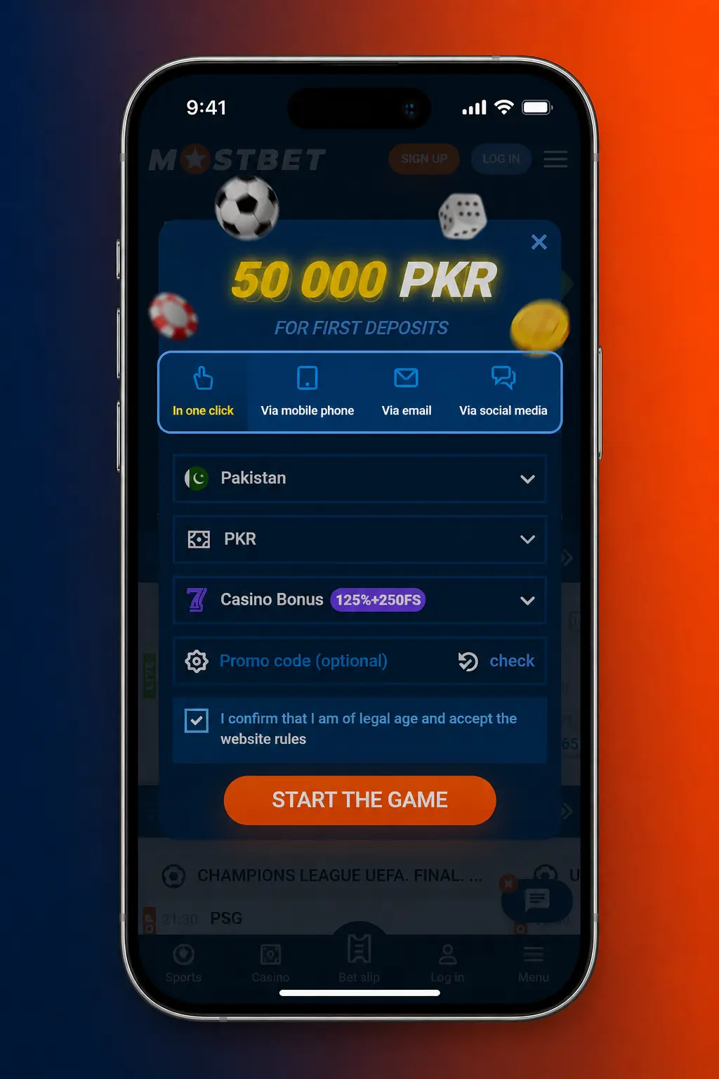 Mostbet sign up form showing registration steps for Pakistan players via phone, email, or one-click account creation