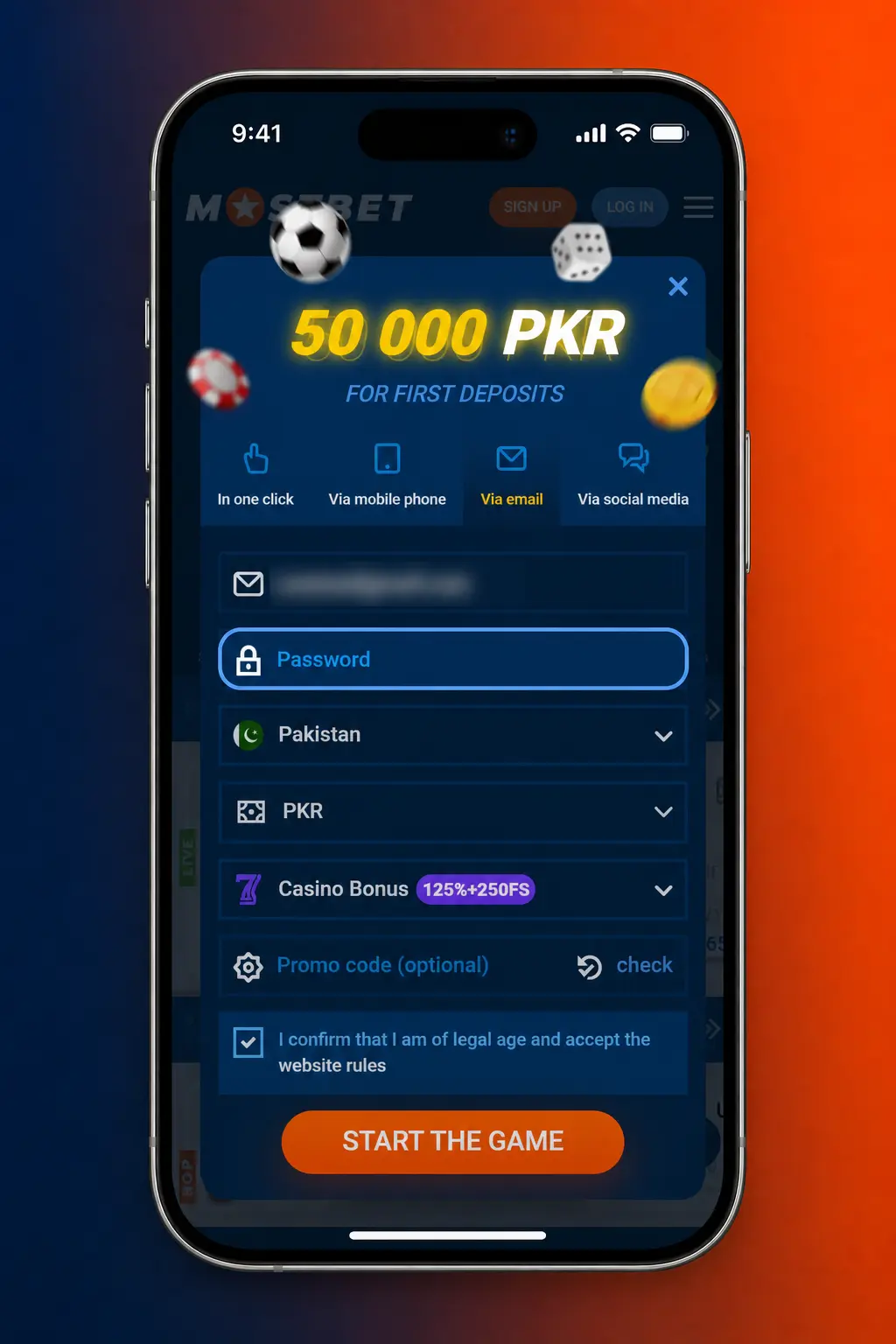 Mostbet sign up form for Pakistan players showing registration steps by phone, email, or one click