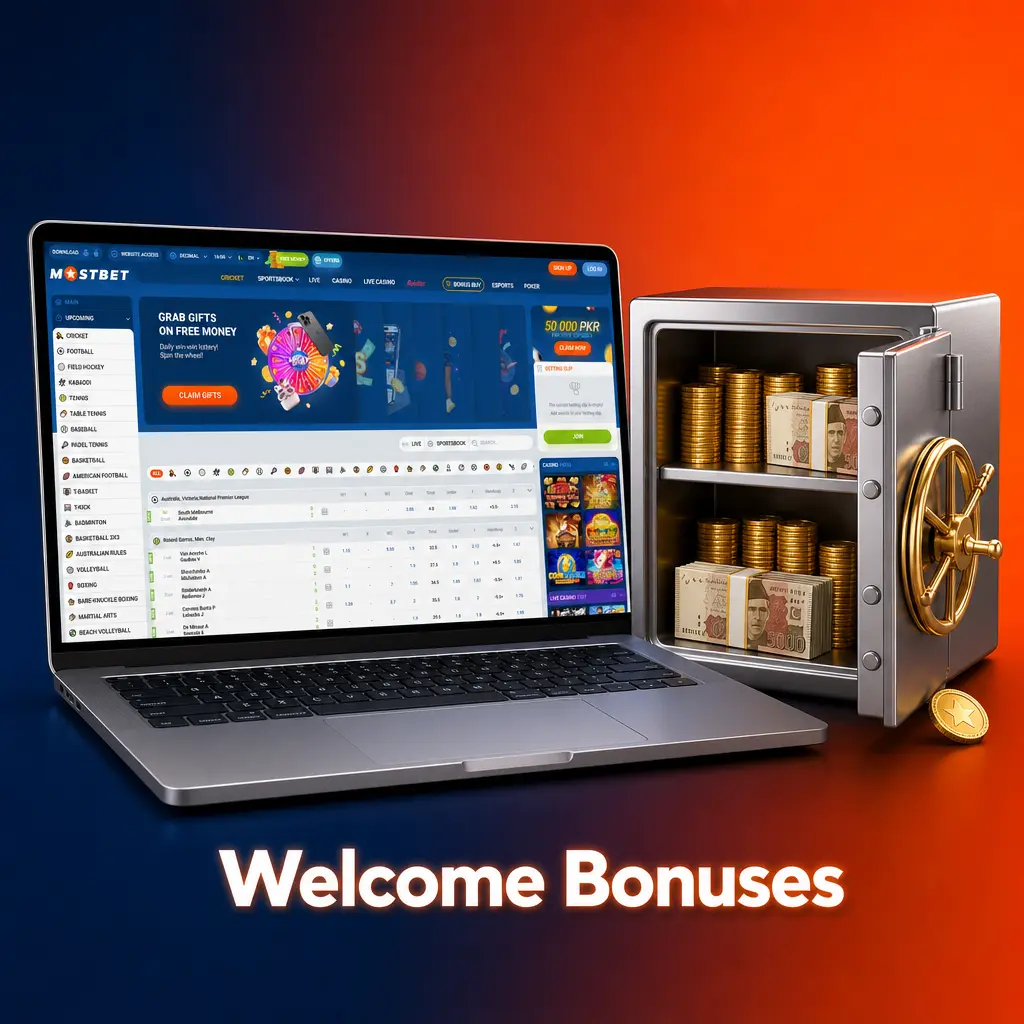 Mostbet welcome bonuses table comparing casino and sportsbook deposit match offers with free spins and wagering terms